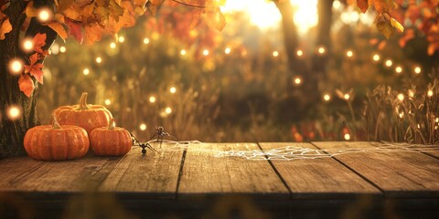 A cozy autumn scene with a wooden table and twinkling lights.  The warm glow from pumpkins and a spiderweb creates a festive Halloween backdrop.  Perfect for showcasing your product.