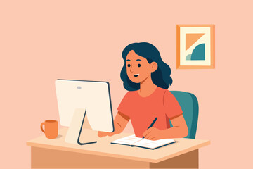 Smiling young woman studies or works from home, taking notes in front of a computer in a warm, organized space.