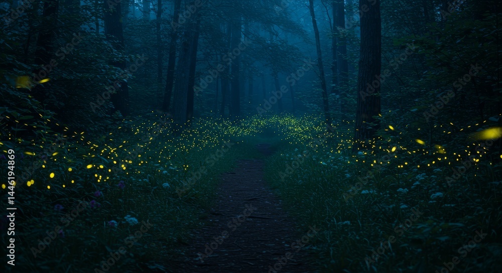 Poster firefly trail in the dark forest - magical path through a forest at night, illuminated by fireflies.