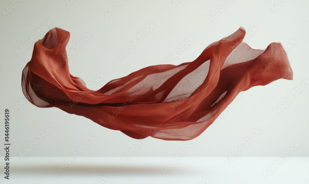 Poster floating red fabric blowing isolate on white background