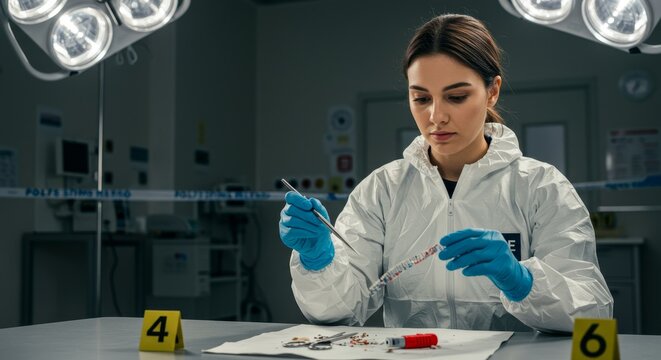 Forensic Scientist Analyzing Crime Scene Evidence - A female forensic scientist meticulously examines crucial evidence in a dimly lit crime lab, symbolizing investigation, justice, science, accuracy