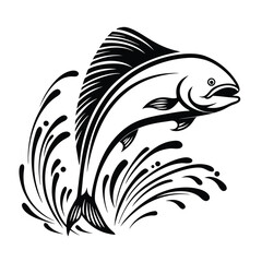 Elegant Monochrome Silhouette Leaping Fish with Water Splashes Isolated Design