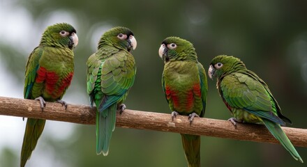 Obraz premium Four Green Parrots on Branch - Four vibrant green parrots with red accents perched on a branch against a blurred green background