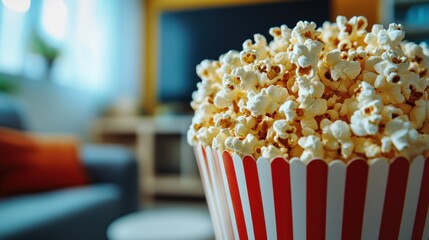 Popcorn in a striped container, movie night at home