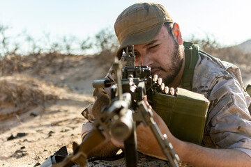Soldier Aiming in Desert Environment During Patrol Duty