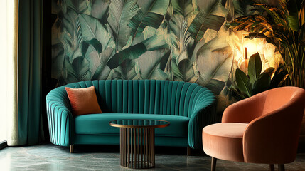 Teal velvet sofa and peach armchair in a room with tropical leaf wallpaper, showcasing elegant interior design, ideal for luxury and relaxation concepts