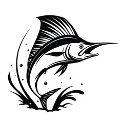 Marlin Silhouette Leaping Out Of Water, Black and White Isolated on White Background