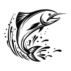 Black Silhouette Fish Jumping with Splash of Water Drops on Isolated White Background