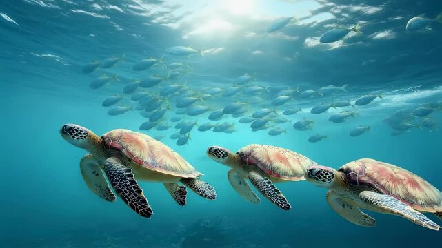 Sea turtles swimming together in the big ocean.