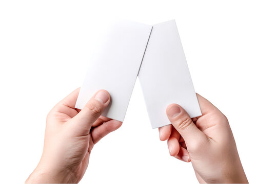 Two hands holding blank white cards ready to share ideas