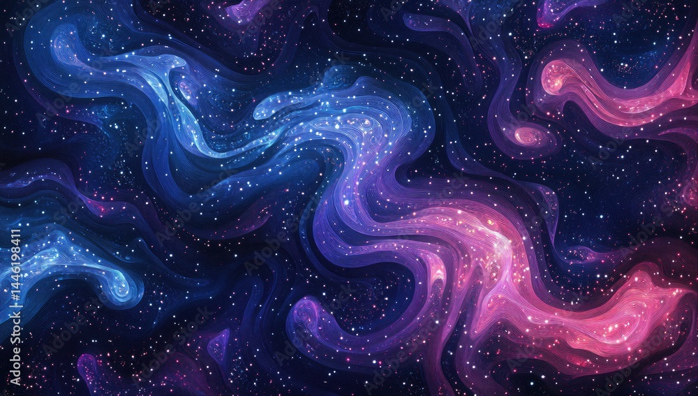 Poster abstract swirling cosmic patterns in vibrant blues, pinks, and purples, dotted with glittering parti