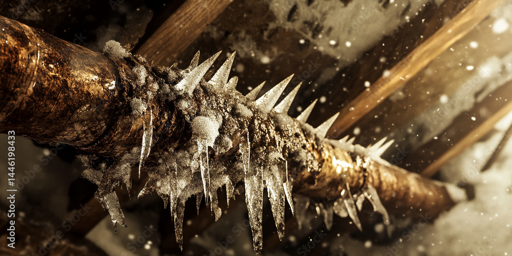Poster frozen pipe with sharp ice formations, showcasing winter's harshness and potential danger, represent