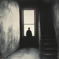 A solitary figure gazes out a window in a decaying hallway