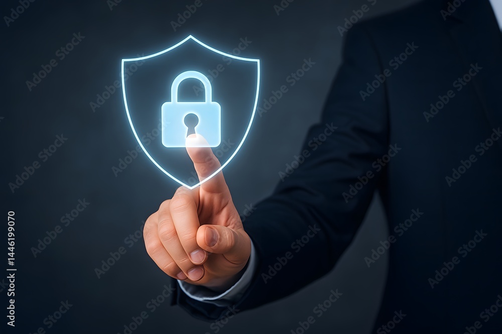 Poster a finger in a dark suit jacket touches a glowing shield with a padlock icon on a digital interface. 