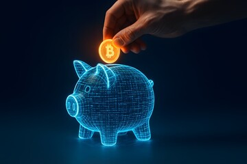 A human hand drops a glowing bitcoin into a neon-blue piggy bank model on a dark surface. Concept of digital saving and cryptocurrency investment.