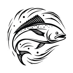 Naklejka premium Leaping Fish Silhouette with Motion Lines, Aquatic Wildlife in Black and White Design