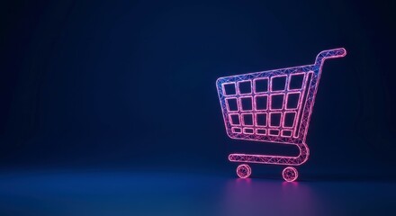 Glowing polygonal shopping cart icon for digital marketplace.