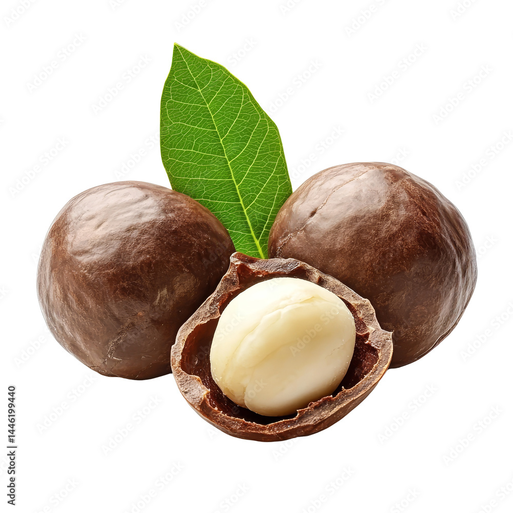 Aufkleber fresh macadamia nuts with a green leaf isolated on a transparent background showcasing natural textu