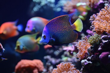 Obraz premium Vibrant angelfish swims amidst colorful coral reef, showcasing diverse marine life.