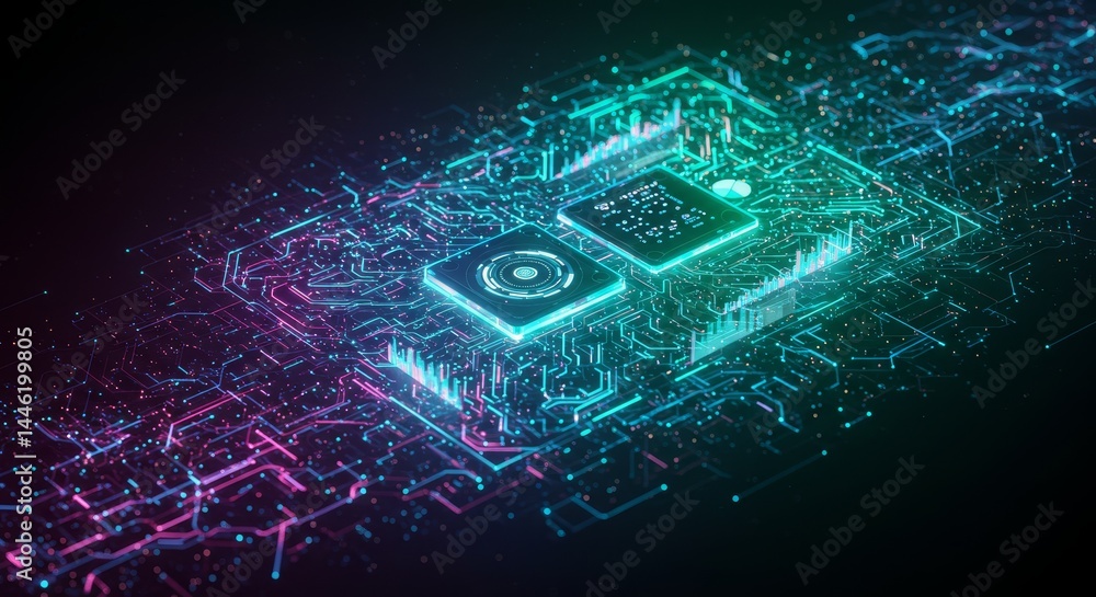 Poster futuristic storage technology - abstract glowing interface, symbolizing data storage, processing, in