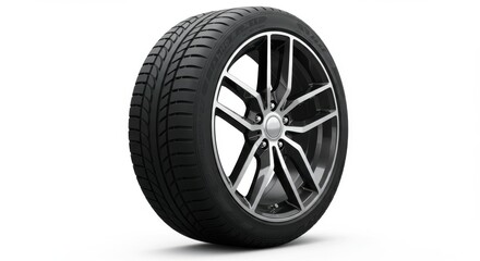Isolated car tire with a black and silver rim against a plain white background in a studio shot