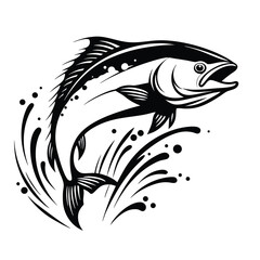 Fish Jumping Out of Water Silhouette, Monochrome Aquatic Animal Illustration, Splash Effect