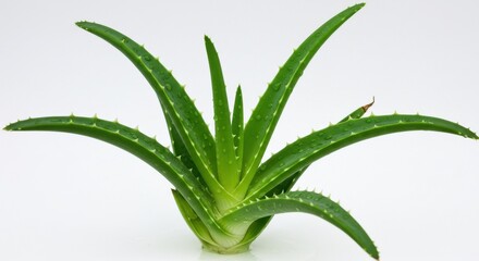Obraz premium A vibrant aloe vera plant with spiky leaves against a clean white background in sharp focus