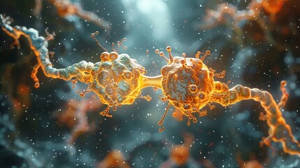 Conceptual clean image stylized neurotransmitter molecule acting as a bridge connecting two separated neuron terminals