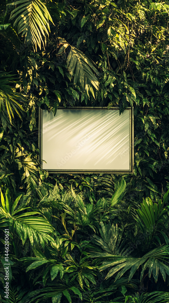Poster blank rectangle frame on lush green tropical foliage background, sunlight filtering through leaves, 