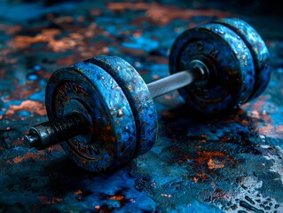 A weathered, rusty dumbbell rests on a textured, paint-splattered surface with industrial tones and a gritty, abstract atmosphere.