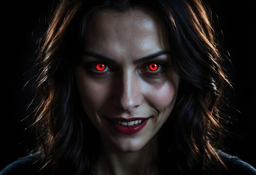 Beautiful woman with red shining eyes, halloween night wallpaper, HD