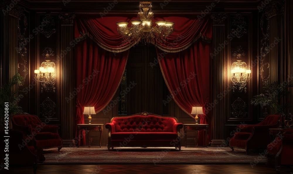 Poster luxurious red velvet curtains with soft folds, illuminated by subtle ambient lighting emphasizing th