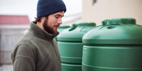 A man dressed warmly with a beanie and jacket stands outside, examining large green water tanks. Water conservation, outdoor activity, thoughtful observation