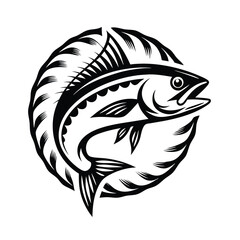 Stylized Black and White Tuna Fish Icon Circular Fish Design Marine Life Logo