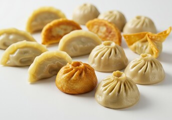 An assortment of dumplings and bao buns displayed on a white surface in a studio setting