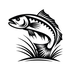 Fototapeta premium Black and White Fish Leaping from Water with Tall Grass, Monochrome Style Design