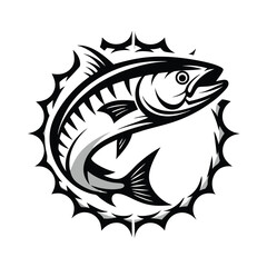 Monochrome Tuna Fish Silhouette Circular Prickly Frame, Minimalist Black and White Icon