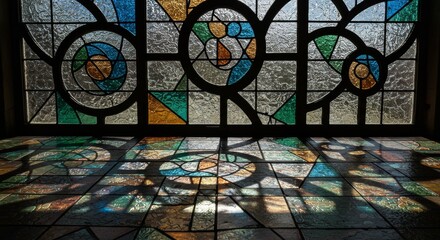Geometric Stained Glass Window and Floor Design - Abstract art, colorful glass, light and shadow interplay, geometric shapes, spiritual symbolism. Represents creativity, light, beauty, peace