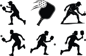 Pickleball Silhouette Bundle of Pickleball Players Vector Art for Sports and White Background.