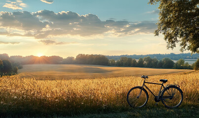 Obraz premium Vintage bicycle resting in a wheat field during a vibrant countryside sunset with copy space for World Bicycle Day