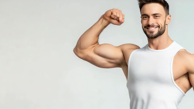 A man with a muscular build is flexing his arm. Muscular man showing bicep muscles on white background.