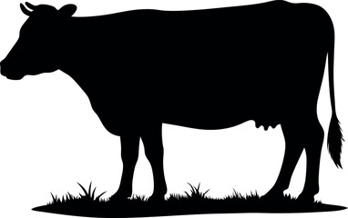 Black silhouette of a cow standing in grass, on a white background