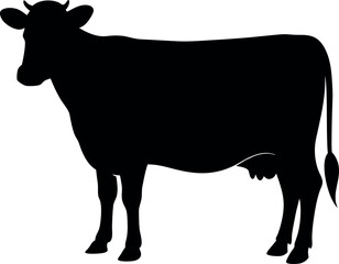 Black silhouette of a dairy cow standing on a white background