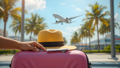 Fototapeta premium Ready for Summer Vacation – Tropical Airport Travel with Luggage, Hat & Airplane