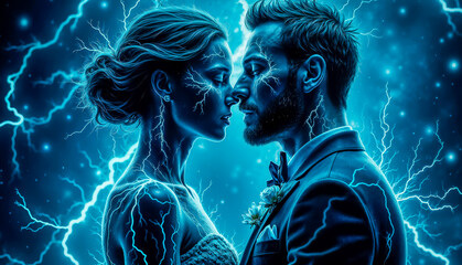 Passionate Newlyweds in love are carried away by each other, the space sparkles with passion