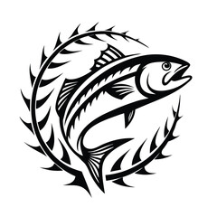 Black and White Fish Illustration, Ornamental Thorns Circle, Sharp Tribal Elements