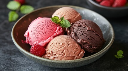 Assorted ice cream scoops in a bowl