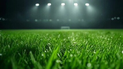 The camera flies over the stadium lawn. Working irrigation system on soccer field at night. Green lawn grass at a football stadium in the light of spotlight.