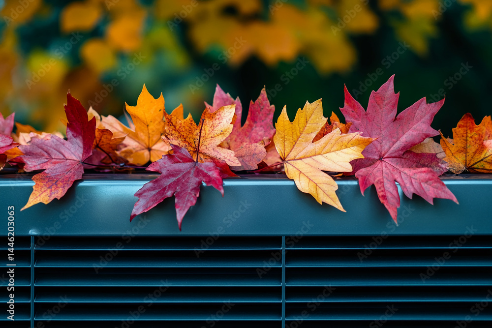 Poster autumn leaves in red and orange hues rest on a dark teal surface, creating a seasonal and nature-ins