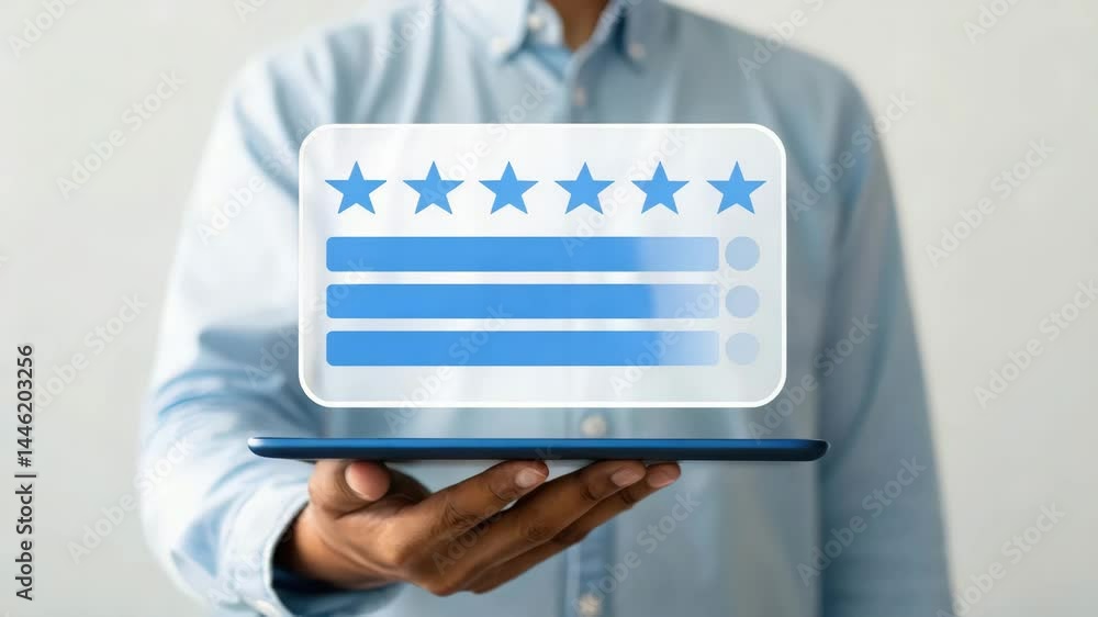 Poster star rating system, a person holds a tablet displaying a digital rating interface with stars and rev